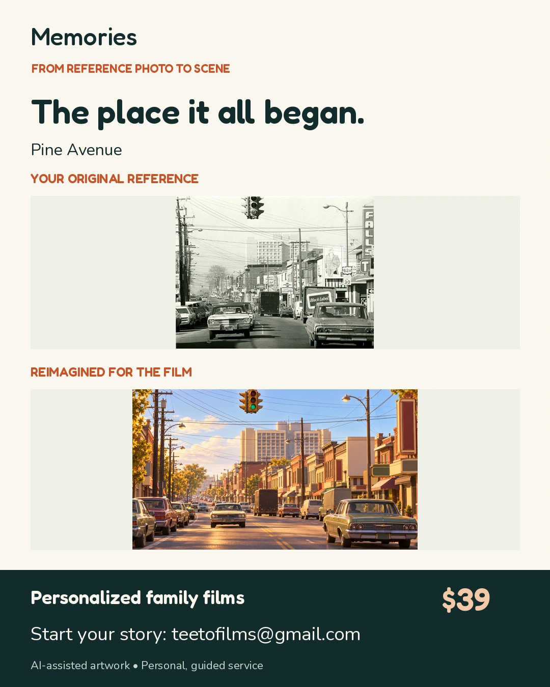 Original black-and-white Pine Avenue reference photograph above its AI-assisted animated street scene.