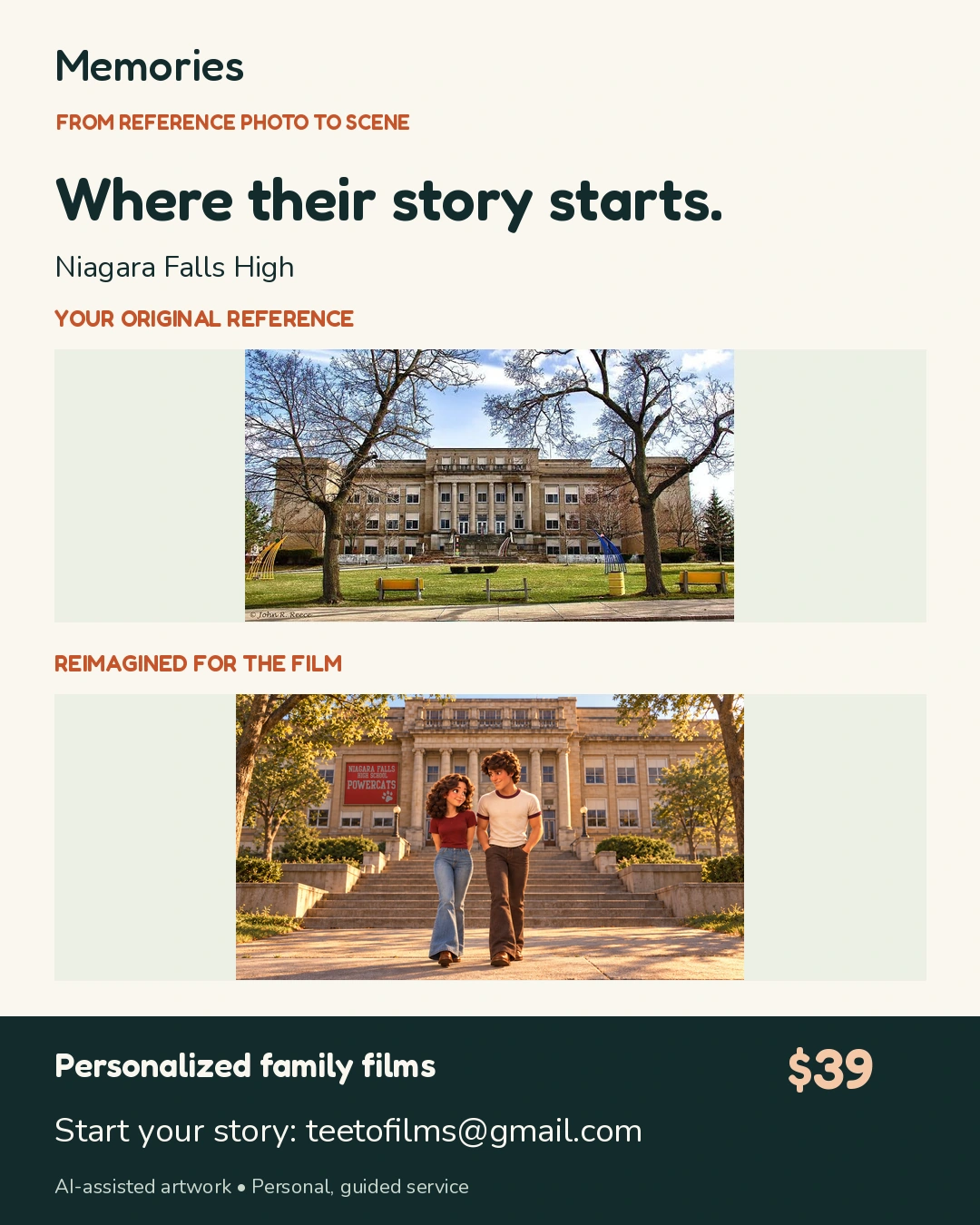 Original Niagara Falls High reference photograph above an AI-assisted scene of the young couple outside the school.