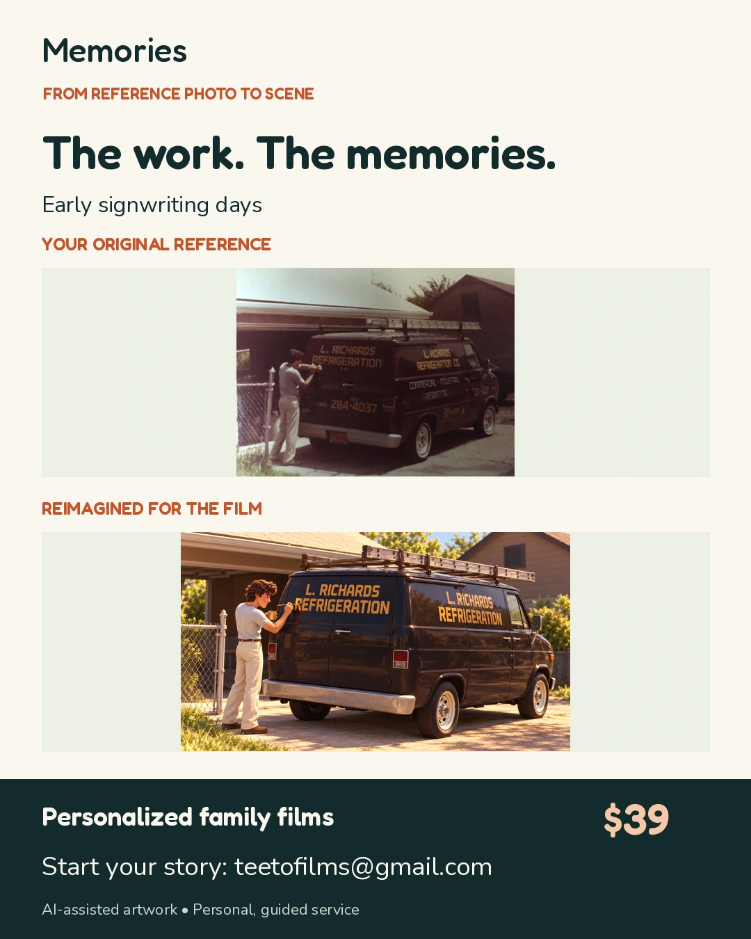 Original signwriting work photograph above an AI-assisted animated scene of a young man lettering a work van.
